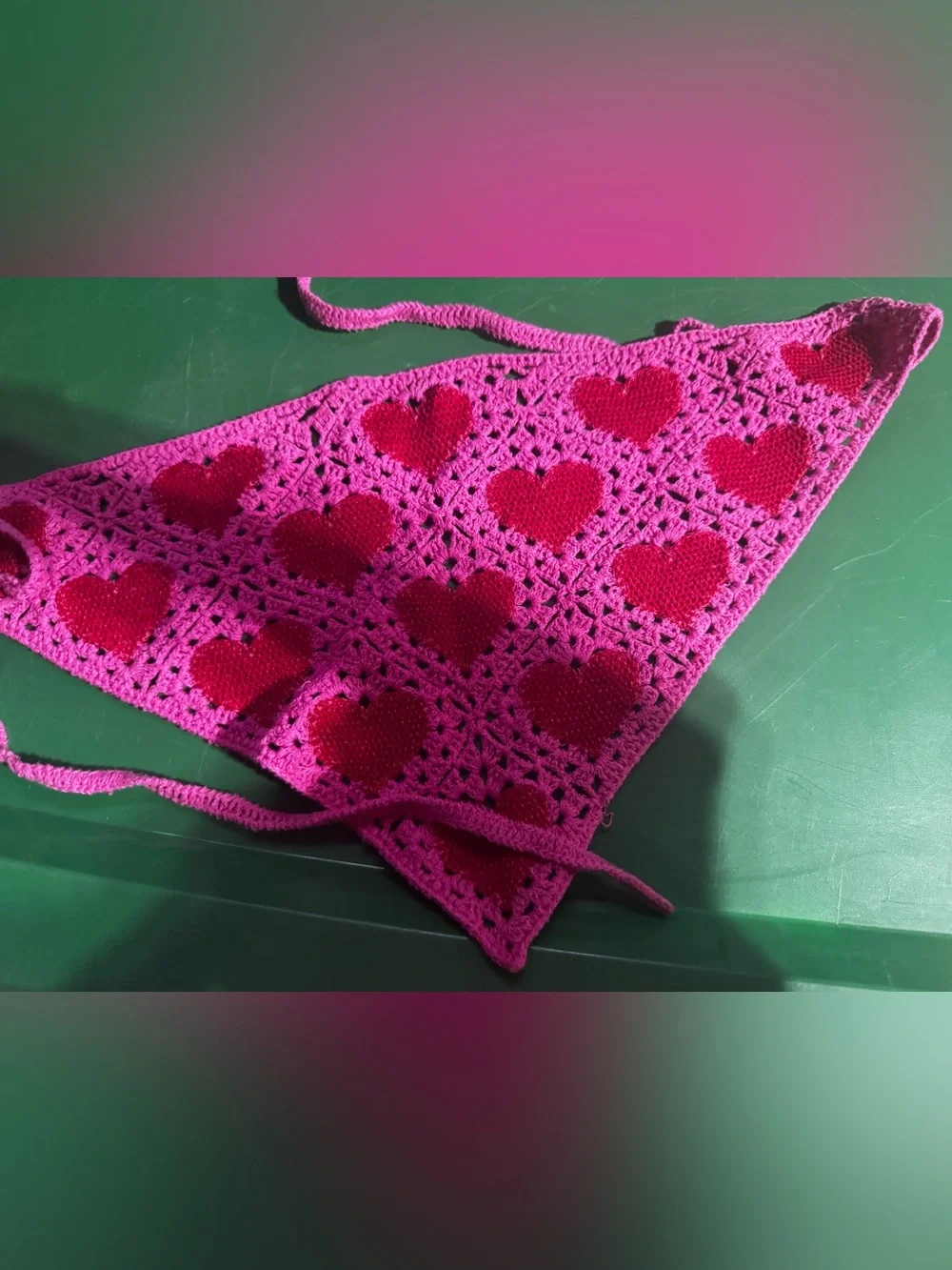 Unlisted Pink Crochet Triangle Scarf with Red Heart Appliqués